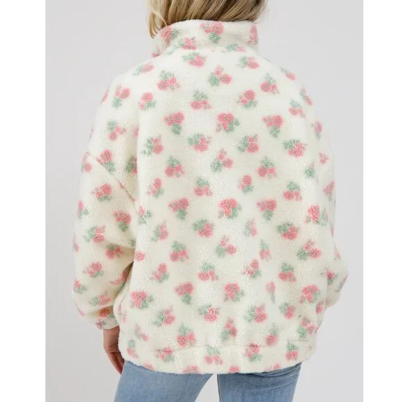 NEW Brunette the Label Full Zip Sherpa Jacket | White with Pink - Picture 3 of 4